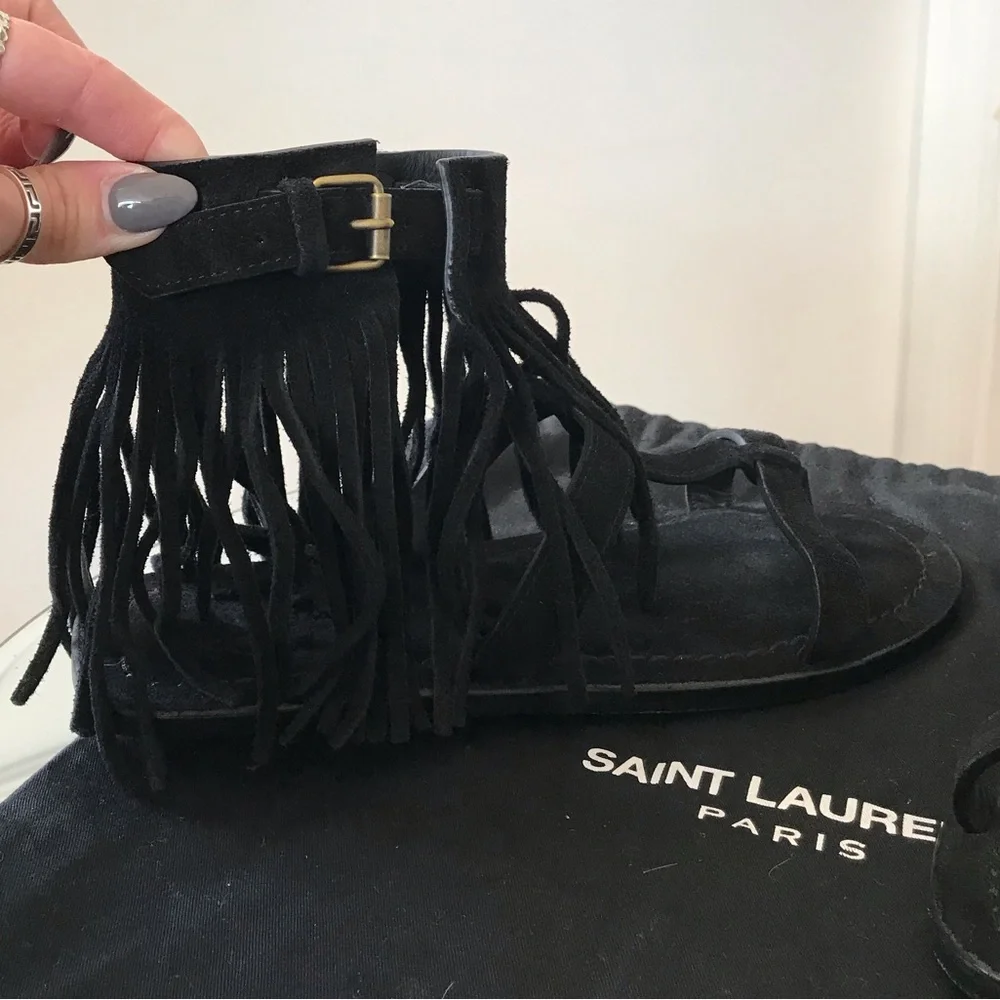 Saint Laurent Black Suede Fringe Ankle Strap Sandals